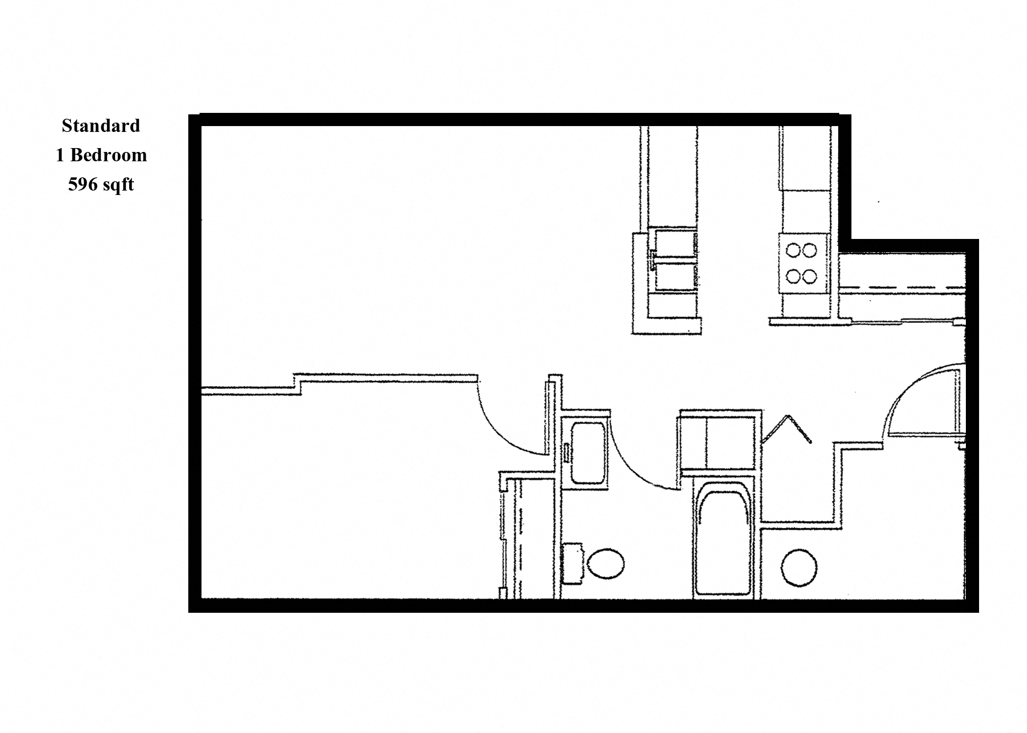Floor plan for 1 bed, 1 bath, 628 sqft